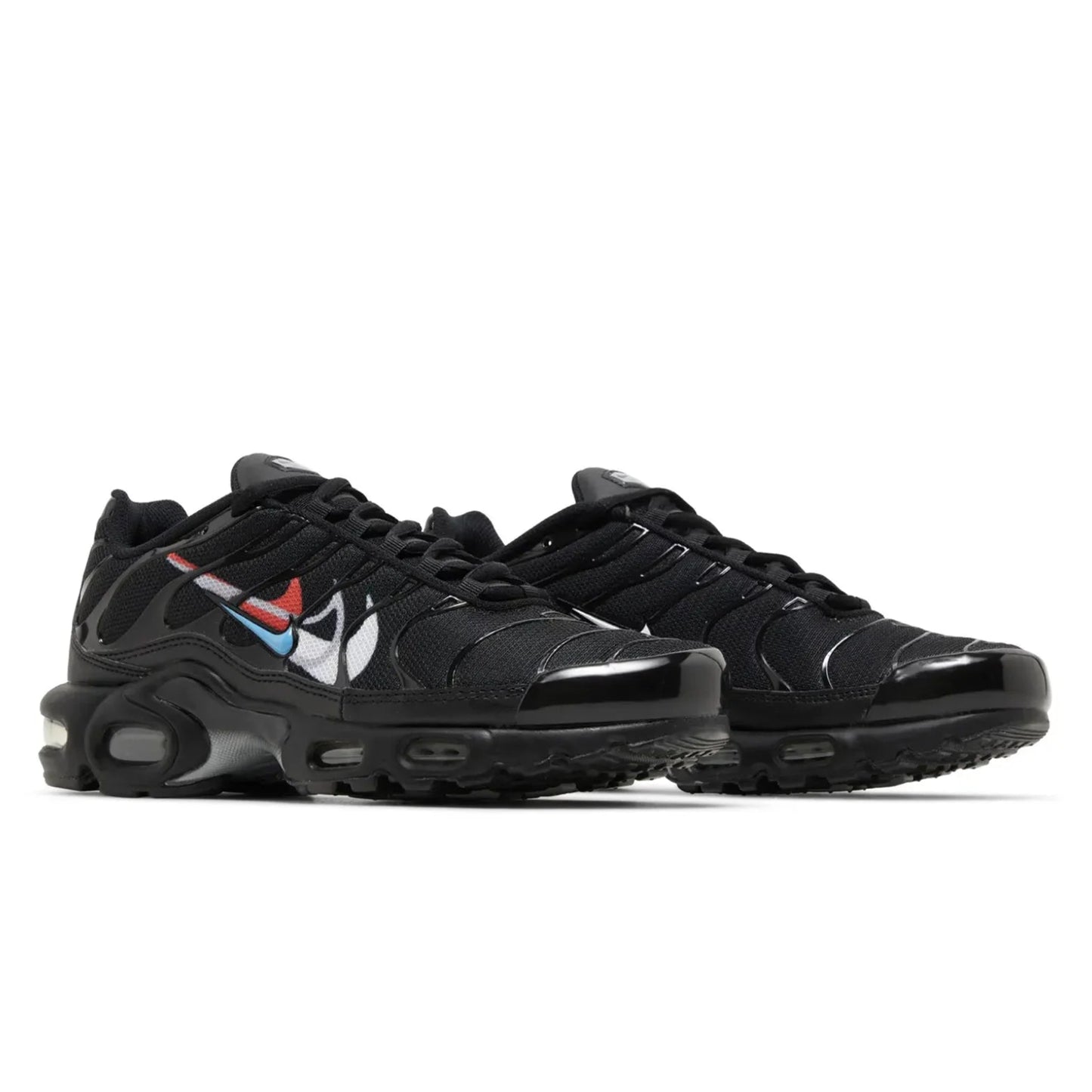 Black athletic shoes with colorful accents on a white background