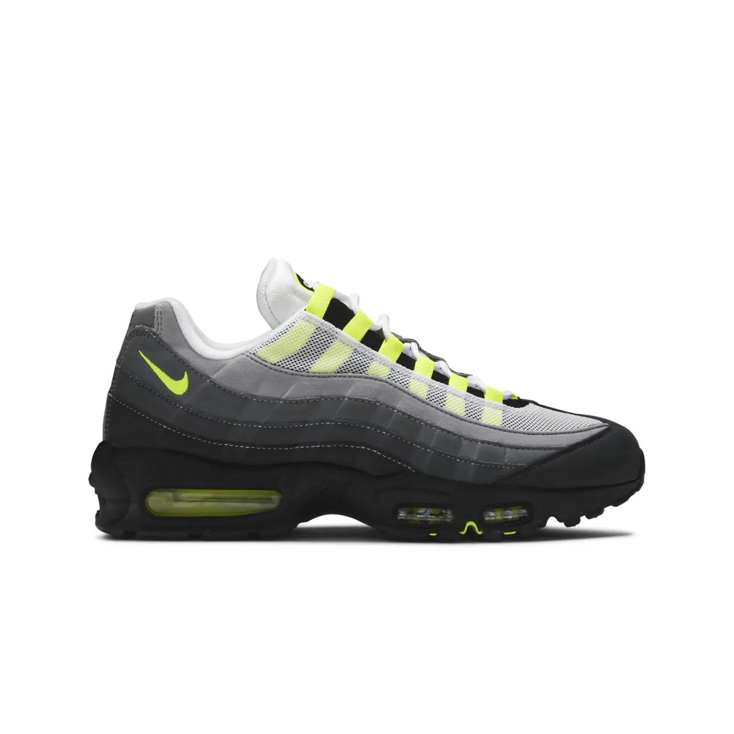 Gray and black sneaker with neon yellow accents on a white background