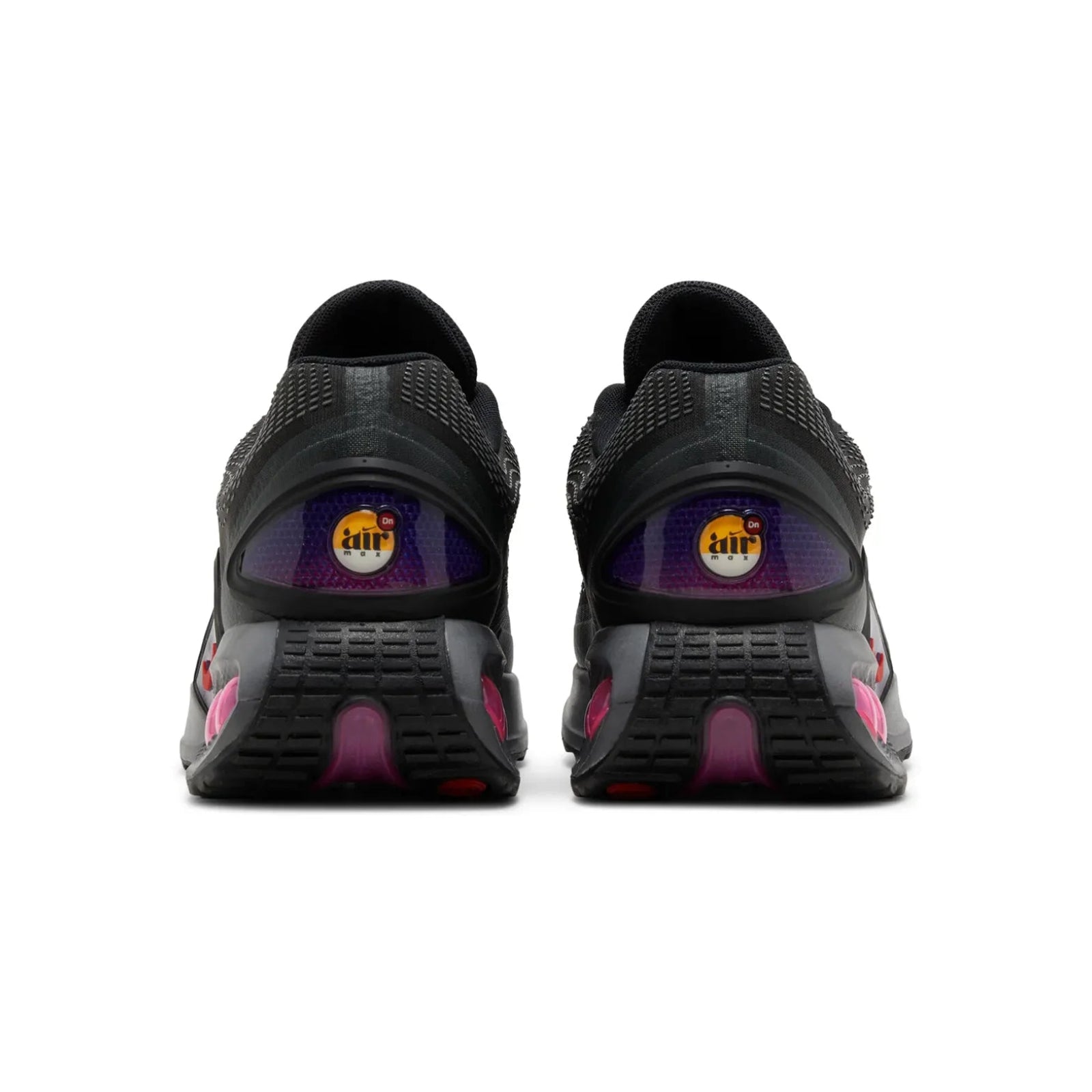 Black athletic shoes with purple accents on a white background