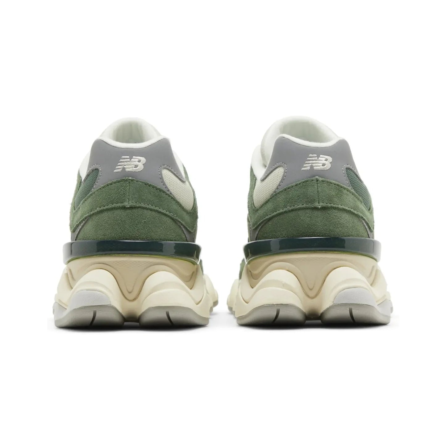 Green and gray sneakers shown from the back on a white background