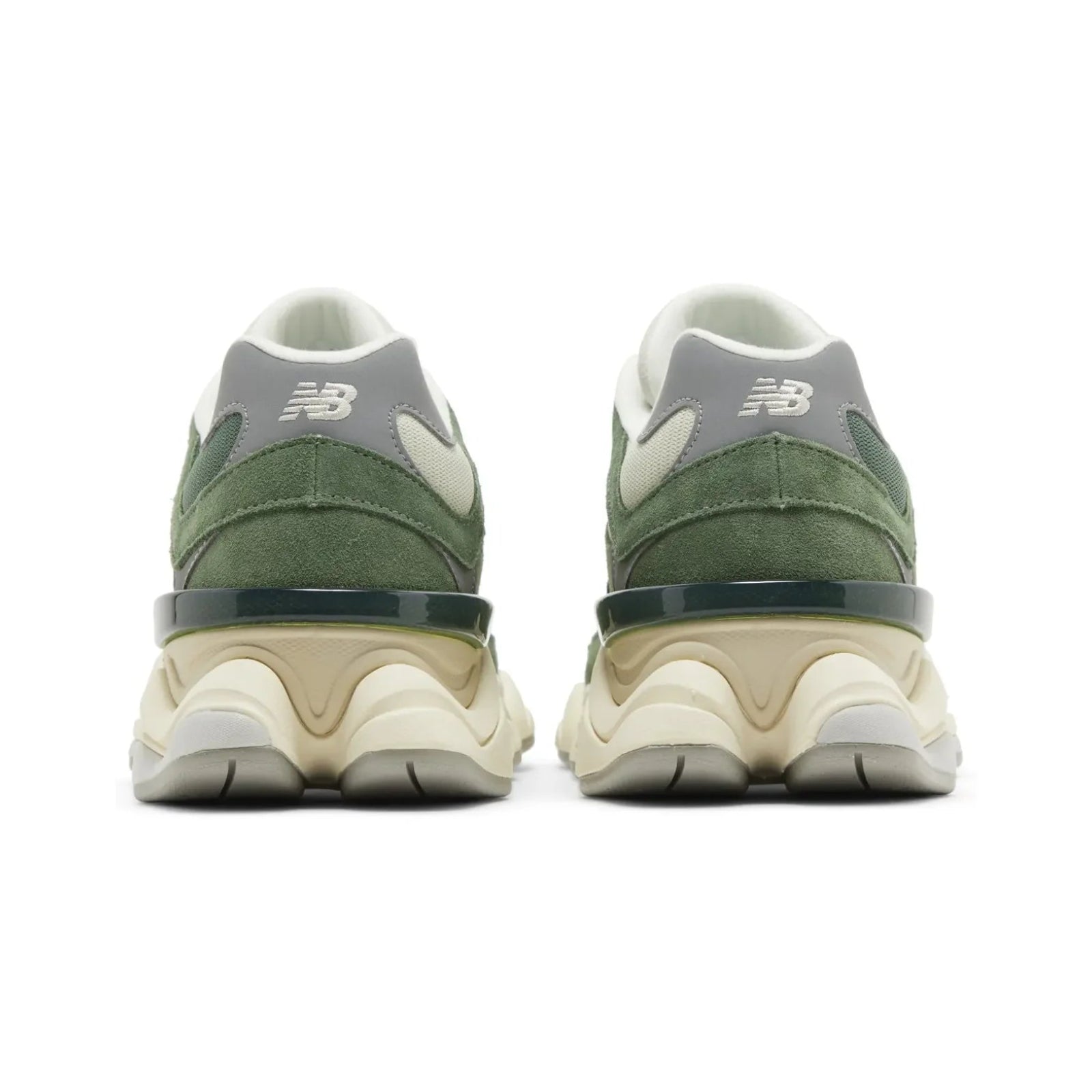 Green and gray sneakers shown from the back on a white background