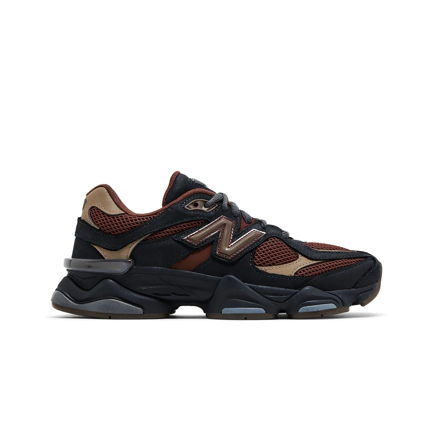 Black and brown sneaker with New Balance logo on a white background