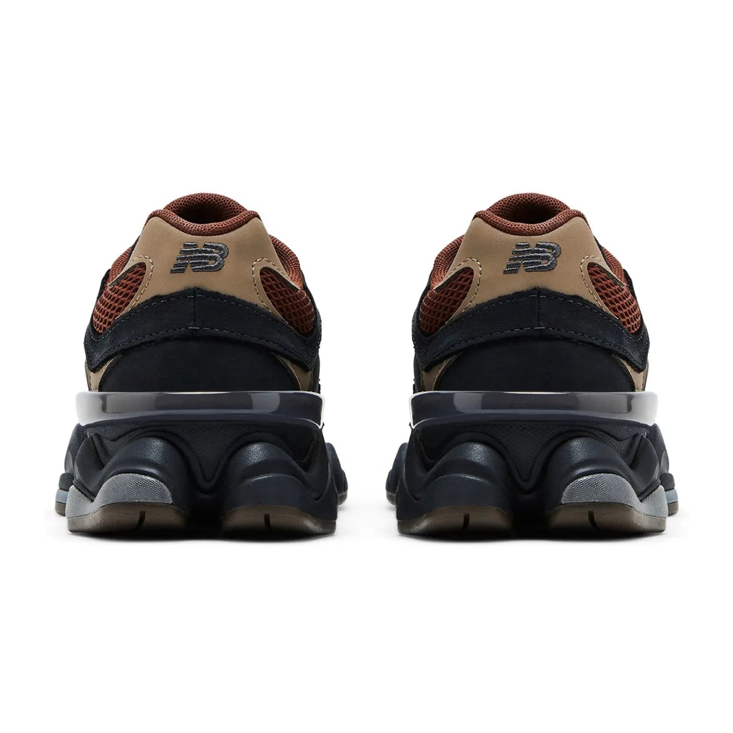 Back view of a pair of brown and black sneakers on a white background