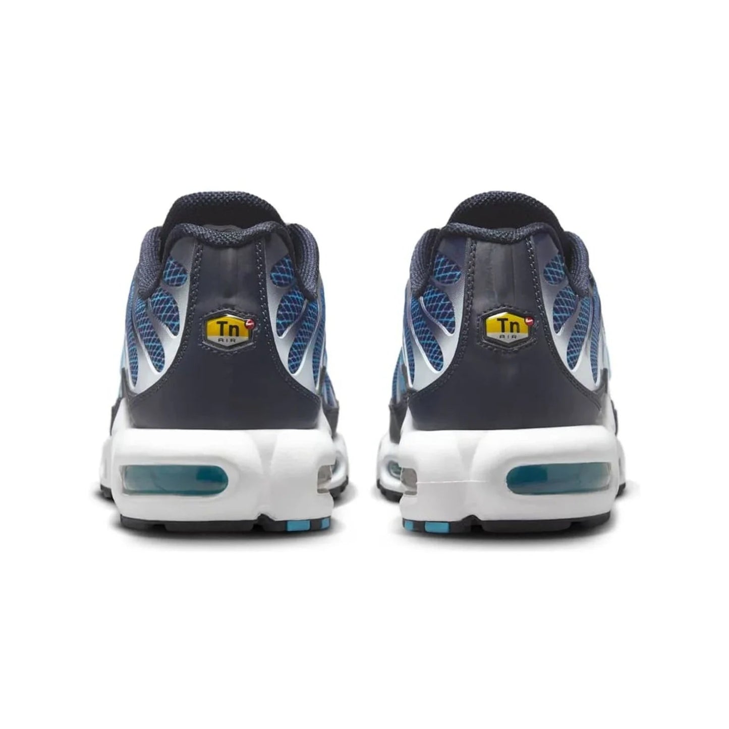 Pair of dark gray and blue sneakers with a visible brand logo on a white background