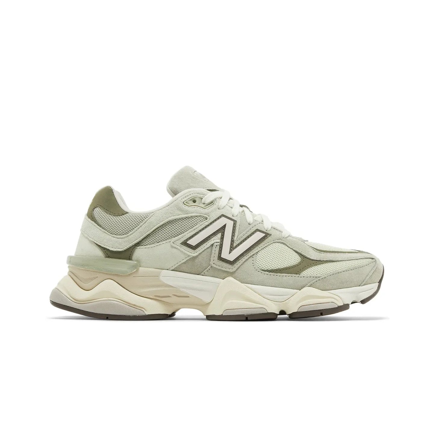 Beige sneaker with New Balance logo on a white background