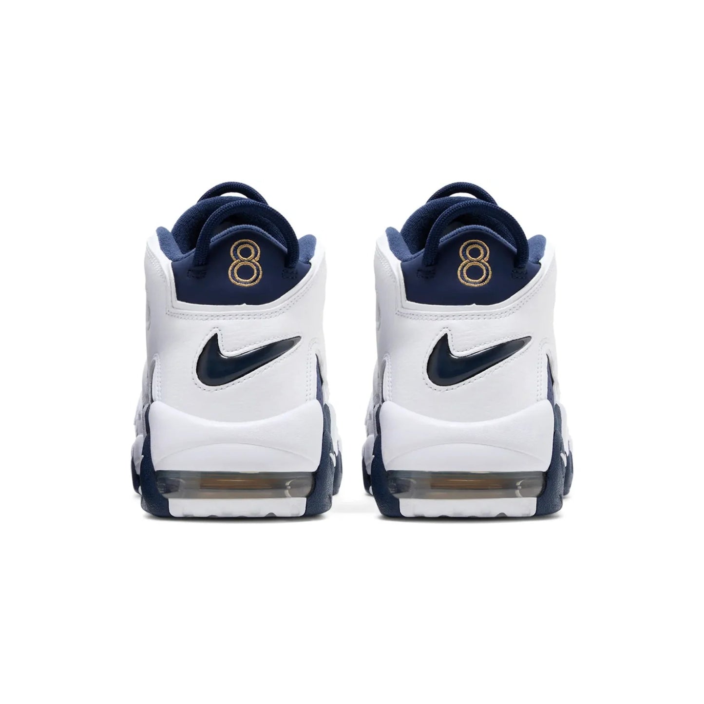 Pair of white sneakers with navy accents and gold number 8 on a white background