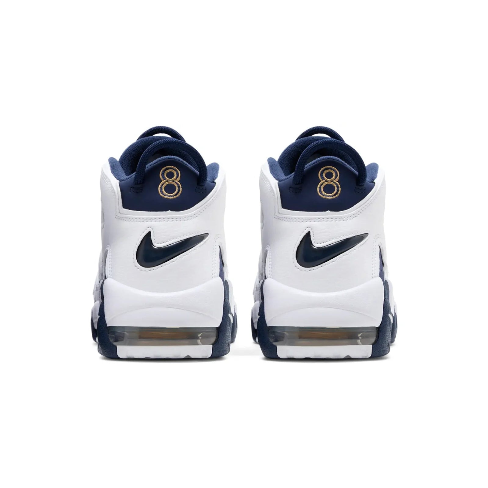 Pair of white sneakers with navy accents and gold number 8 on a white background