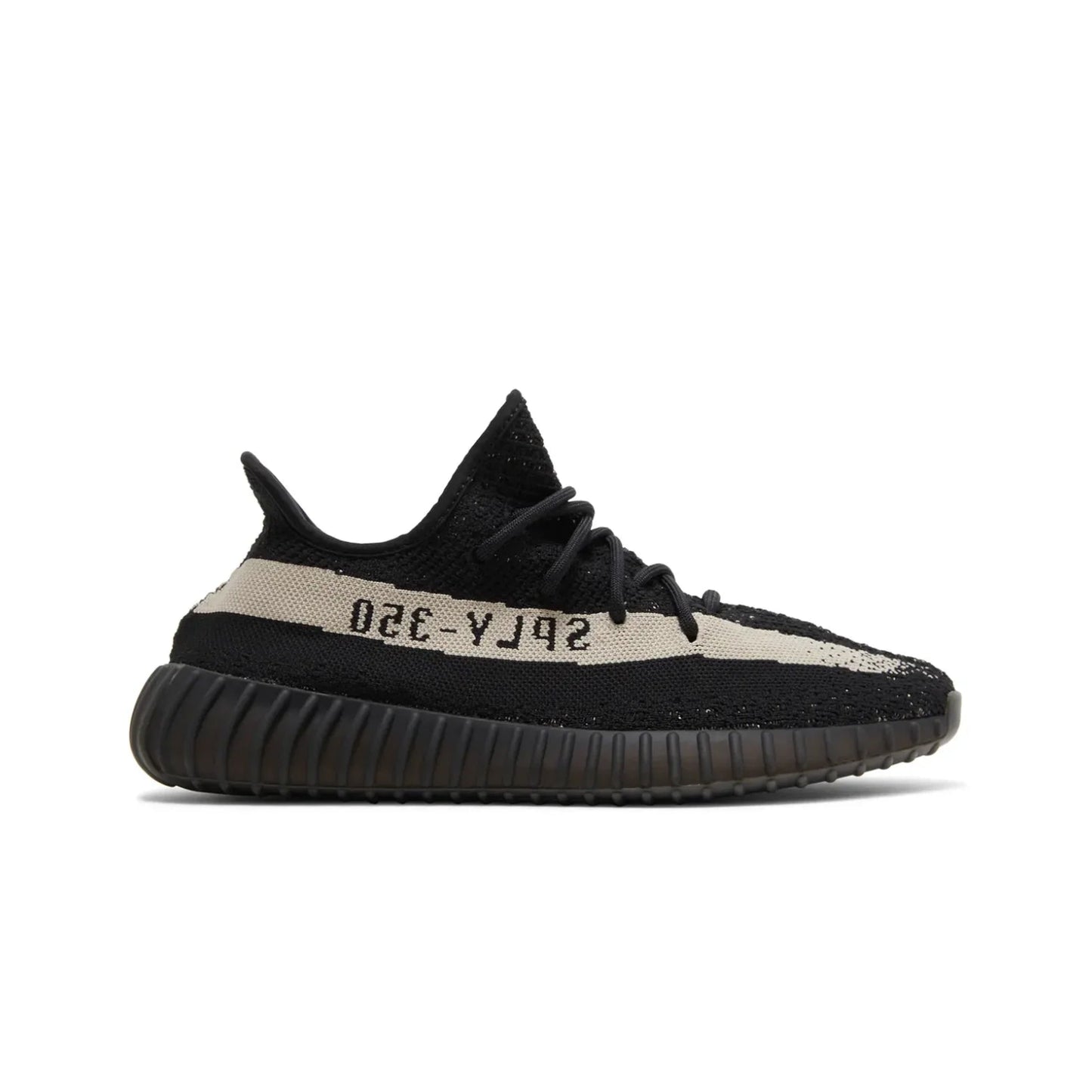 Black and white sneaker with text on a white background