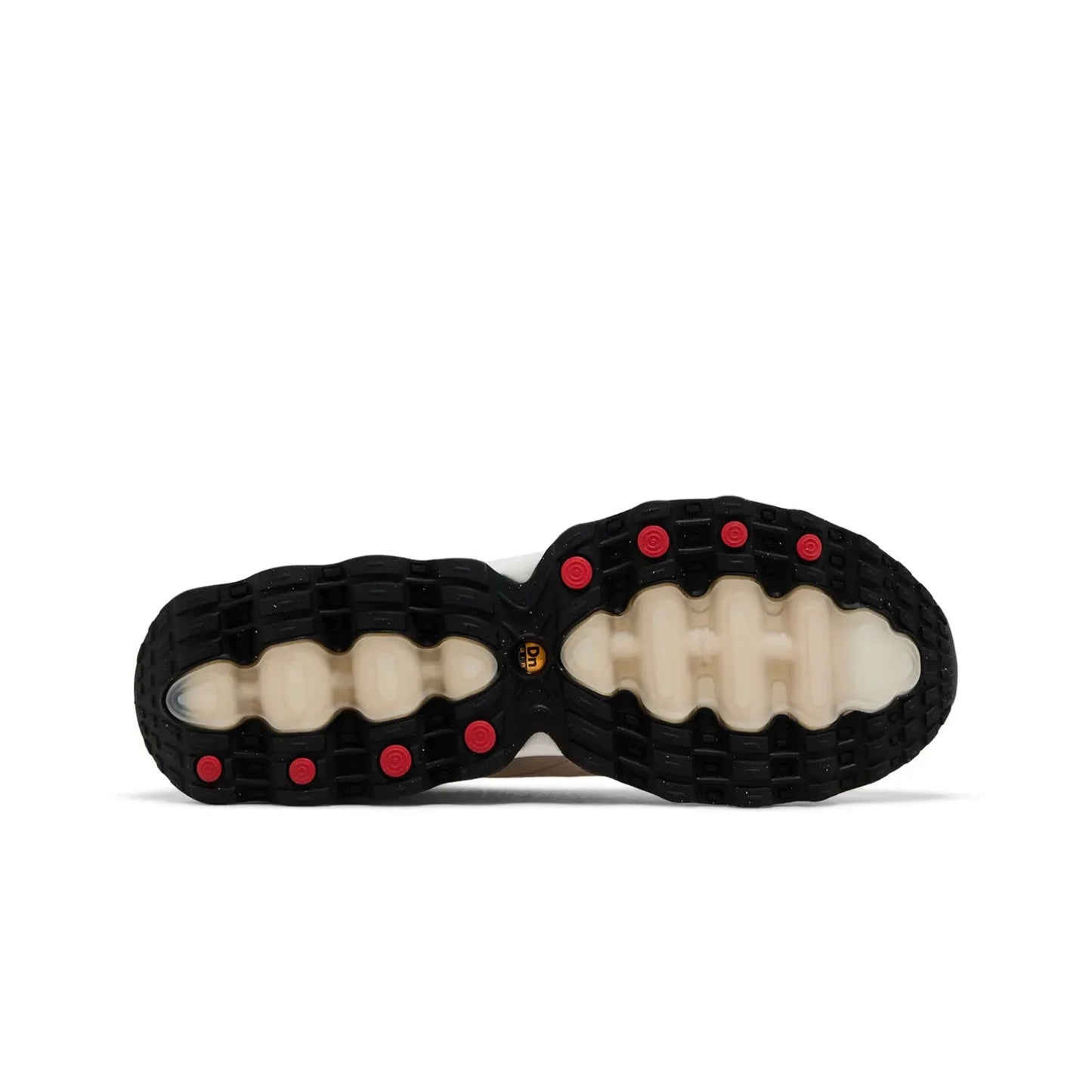 Close-up of a shoe sole with red accents on a white background