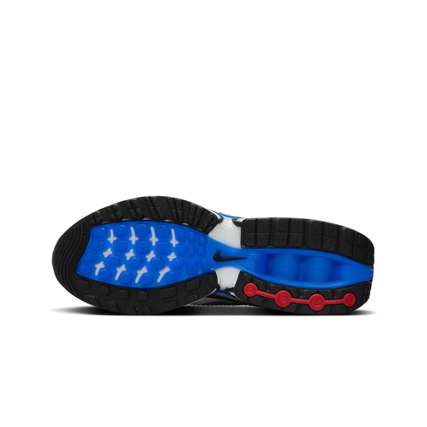 Close-up of a shoe sole with blue and black design on a white background