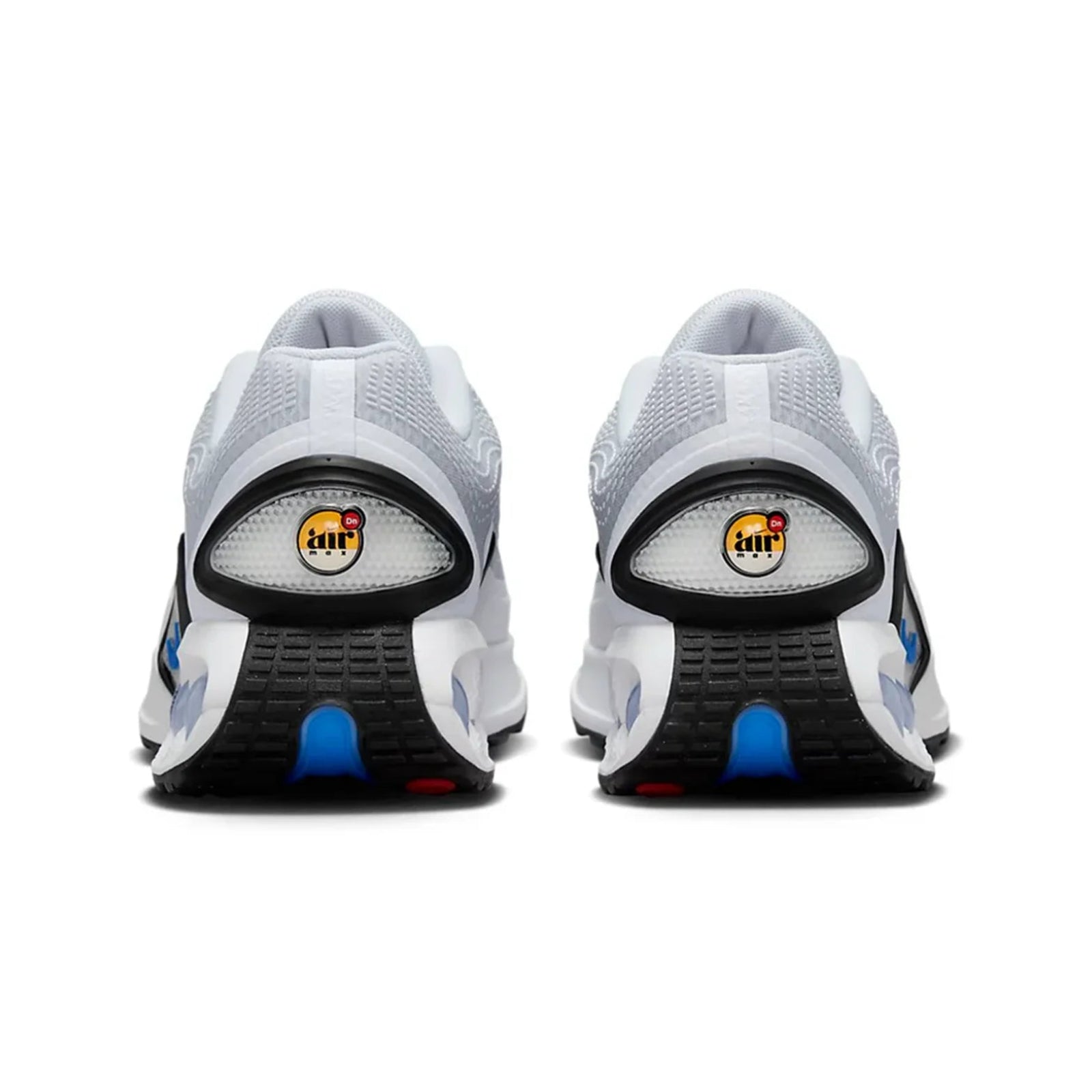 White athletic shoes with black and blue accents on a white background