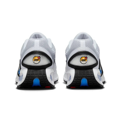 White athletic shoes with black and blue accents on a white background