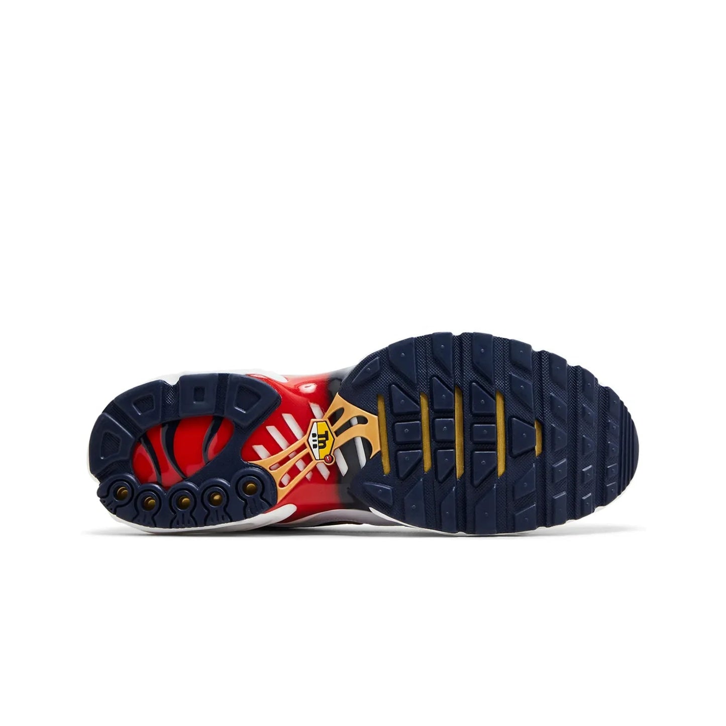 Sole of a sneaker with red, white, and blue design on a white background