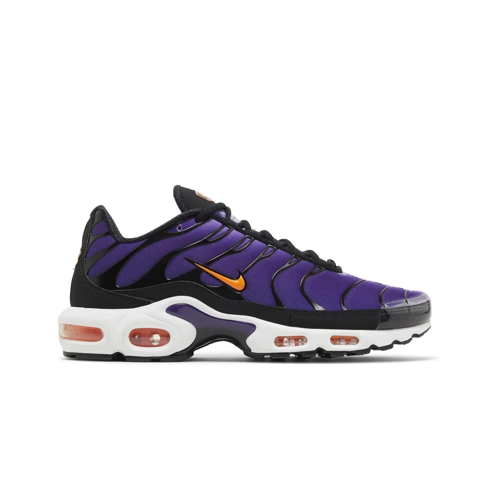 Purple and black sneaker with orange Nike logo on a white background