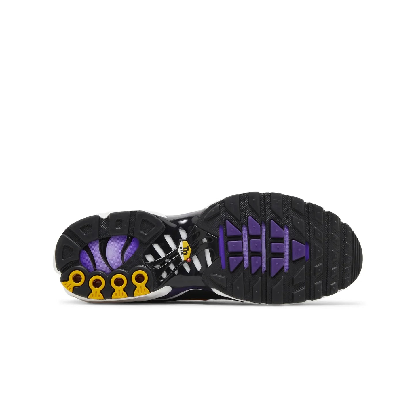 Black and purple sneaker sole with yellow accents on a white background