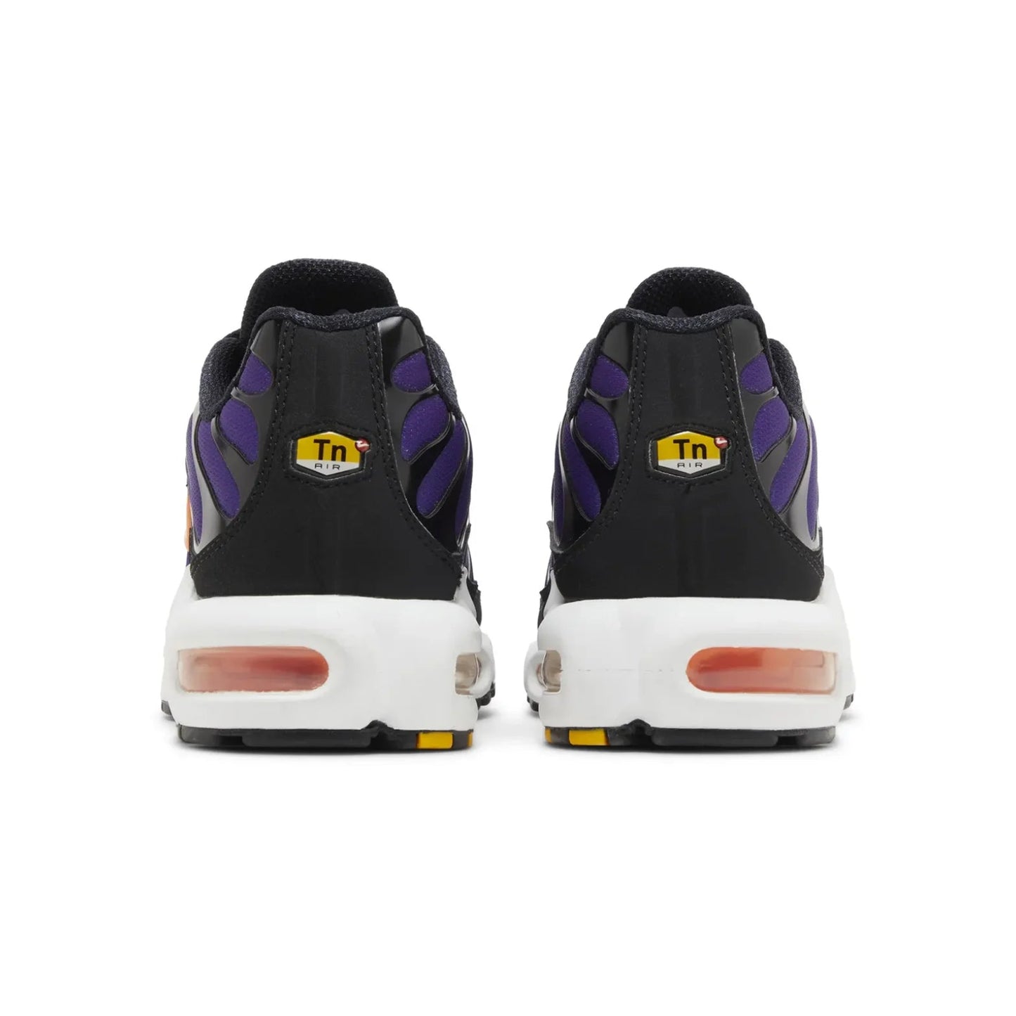 Black and purple sneakers with white sole on a white background
