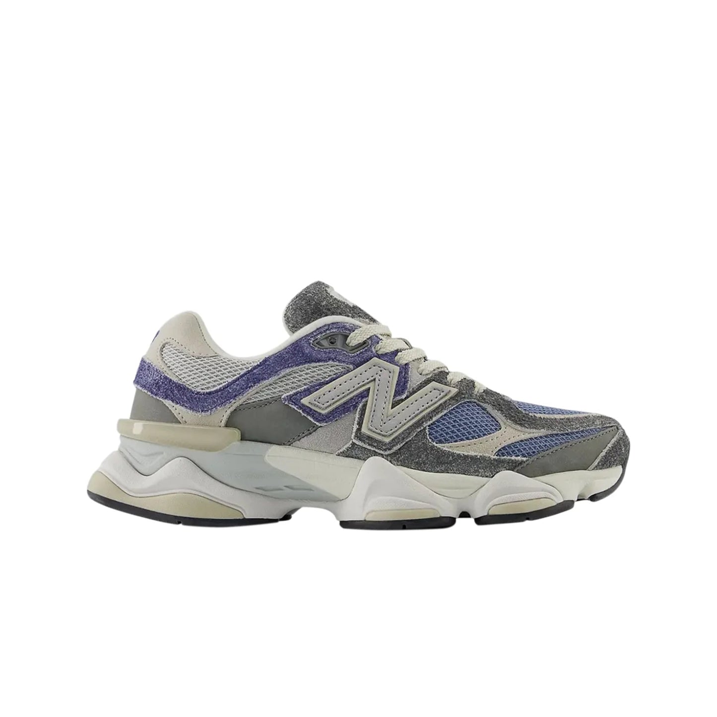 Pair of gray and purple sneakers on a white background