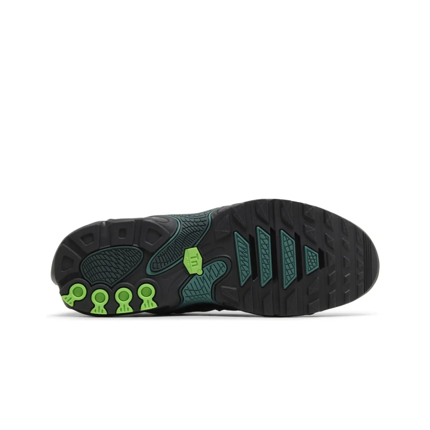 Black and green athletic shoe sole on a white background