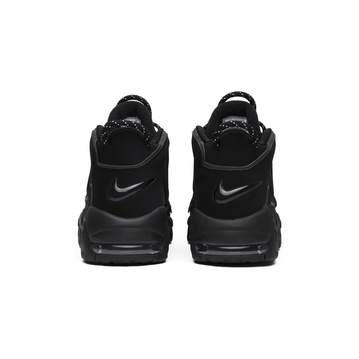 Black Nike sneakers with a white logo on a white background