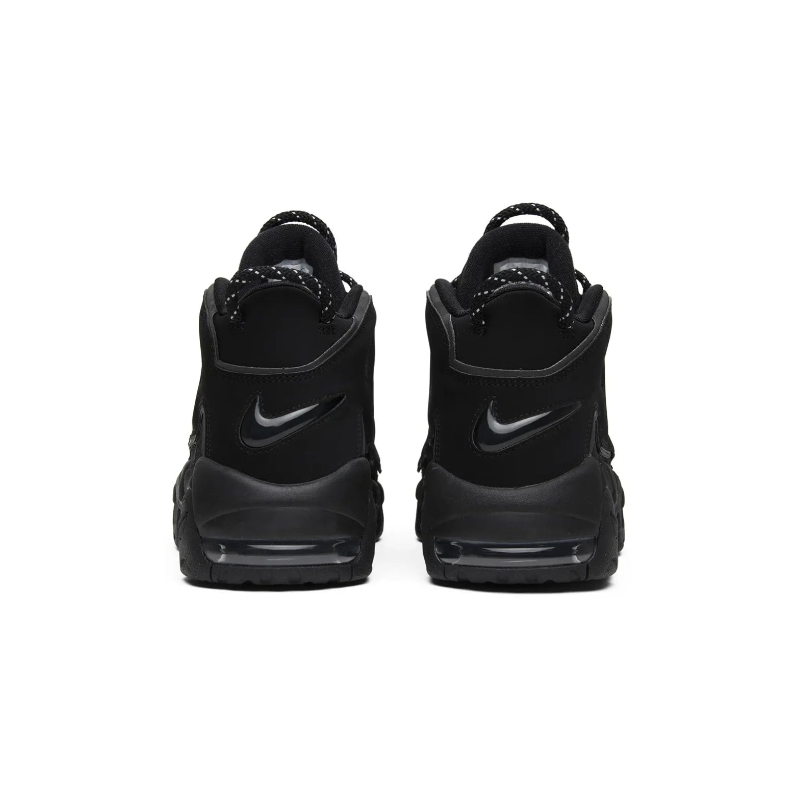 Black Nike sneakers with a white logo on a white background