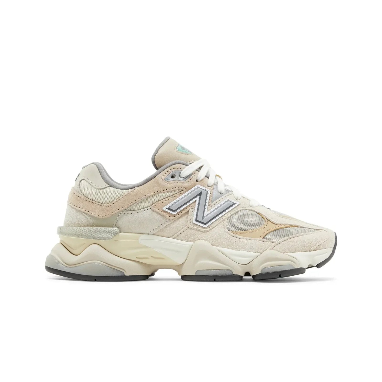 Beige sneaker with New Balance logo on a white background