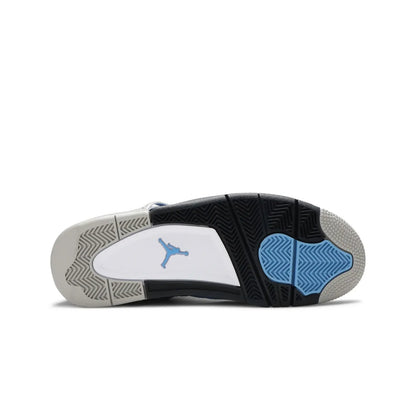 Sole of a Jordan sneaker with black, white, and blue design on a white background