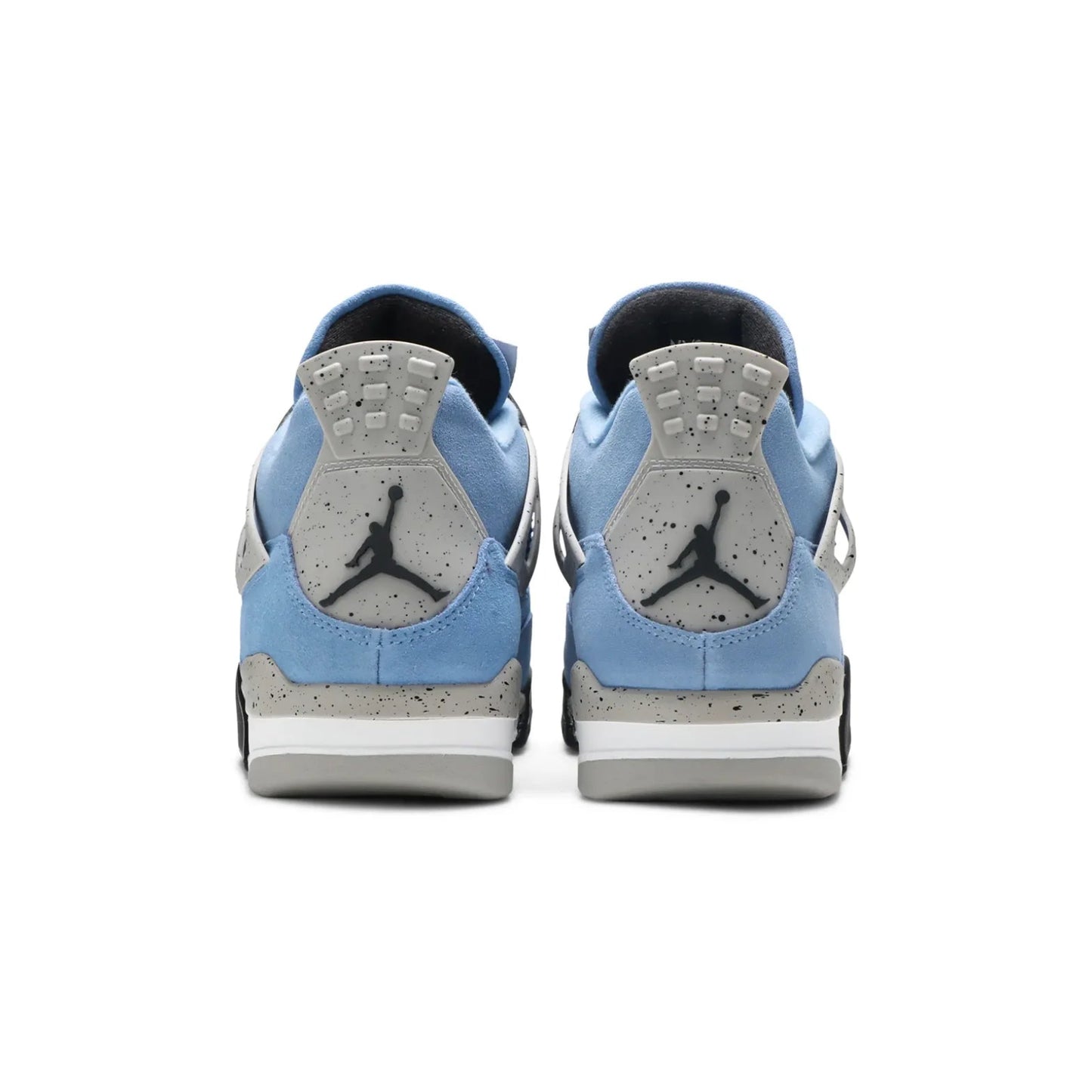 Pair of blue and gray sneakers with a logo on a white background