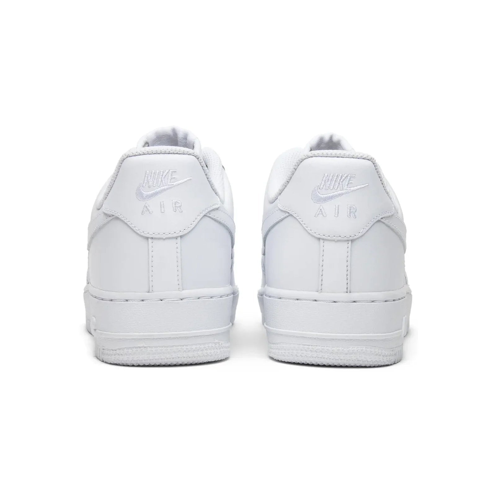 White Nike Air Force sneakers shown from the back on a white background