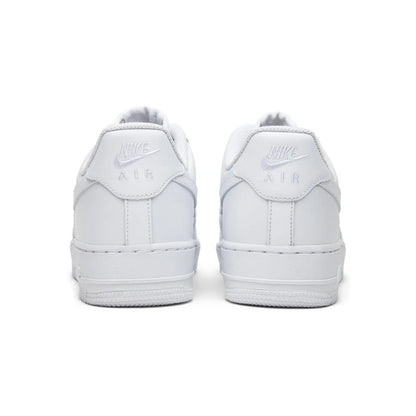 White Nike Air Force sneakers shown from the back on a white background