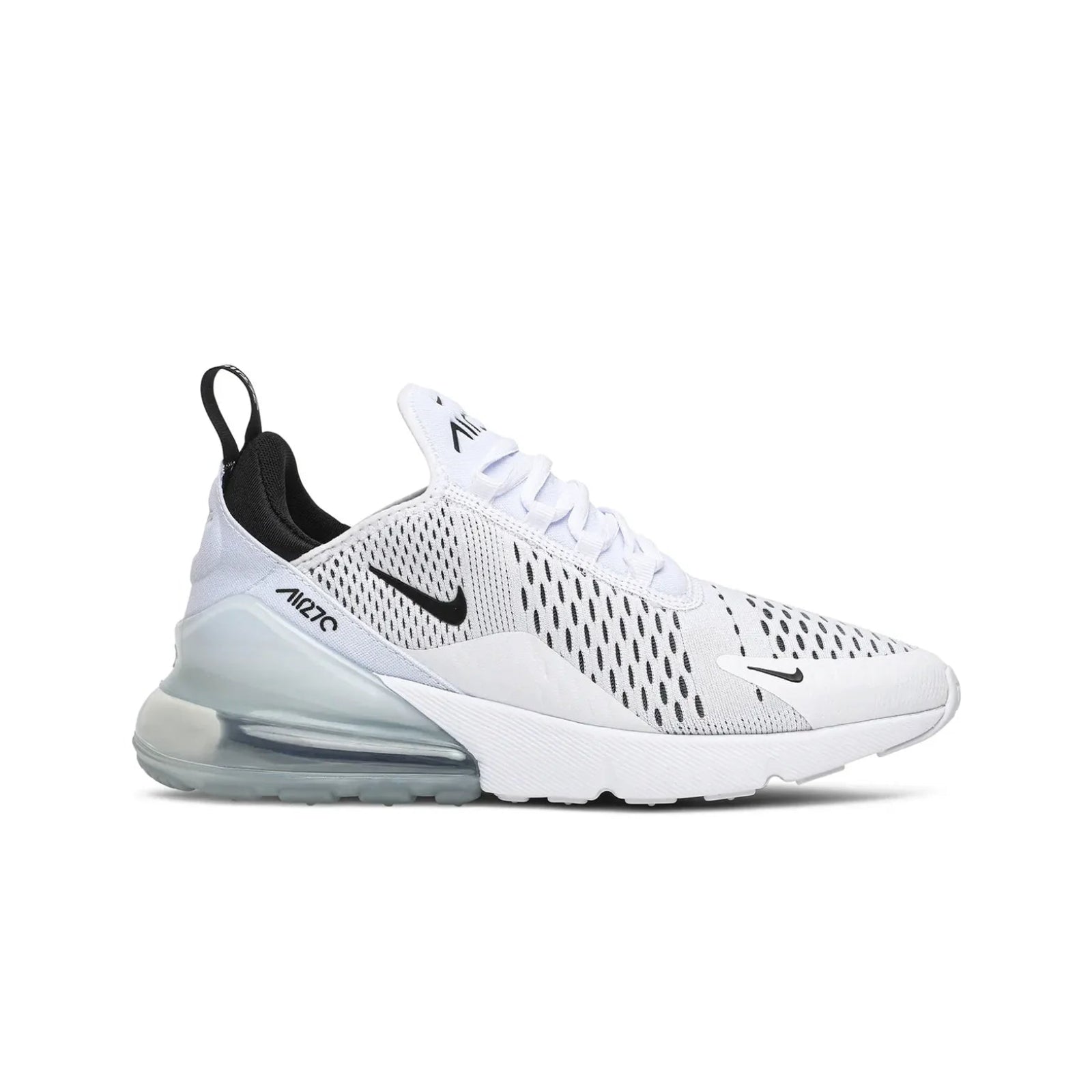 White sneaker with black Nike logo on a white background