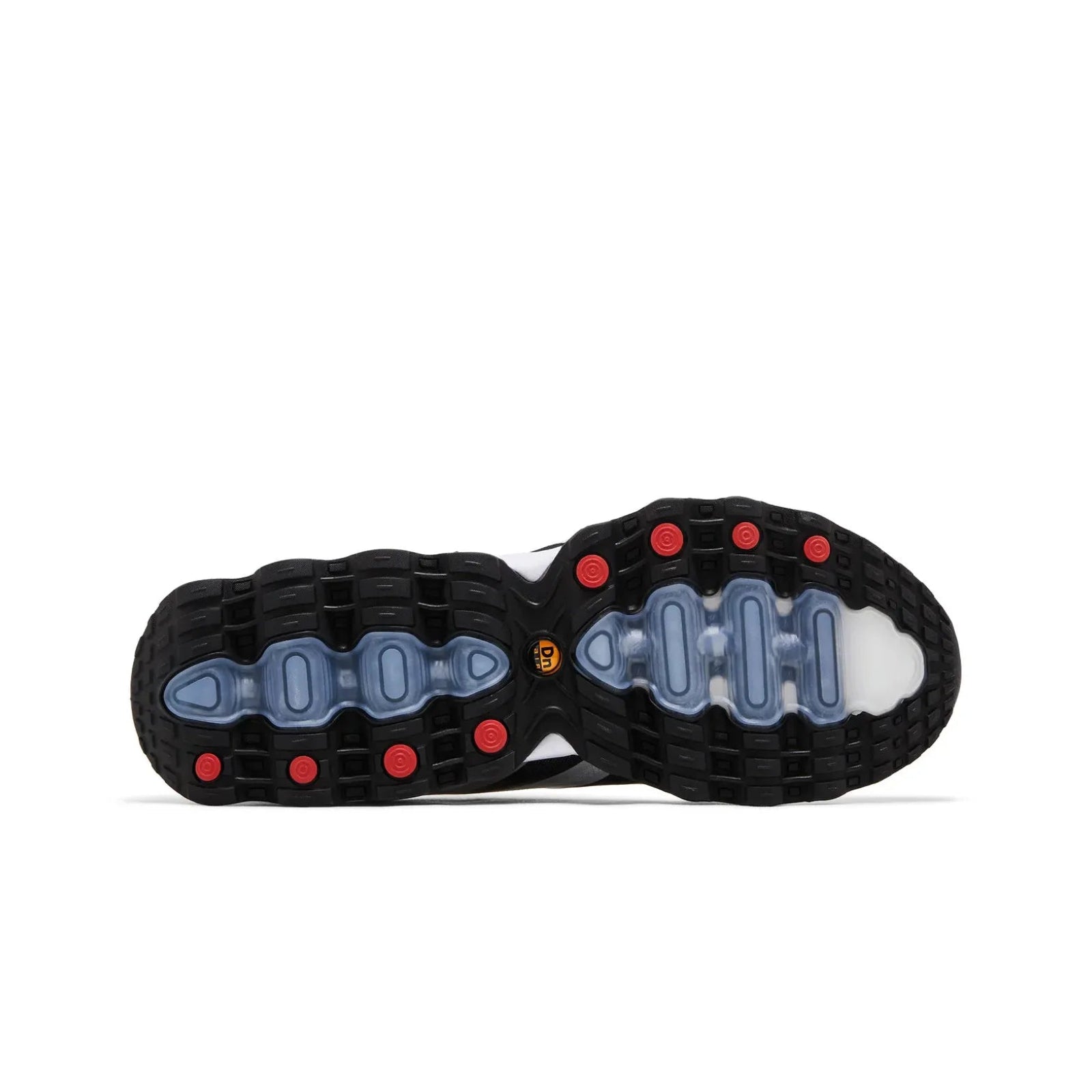 Close-up of a shoe sole with red, blue, and white design on a white background