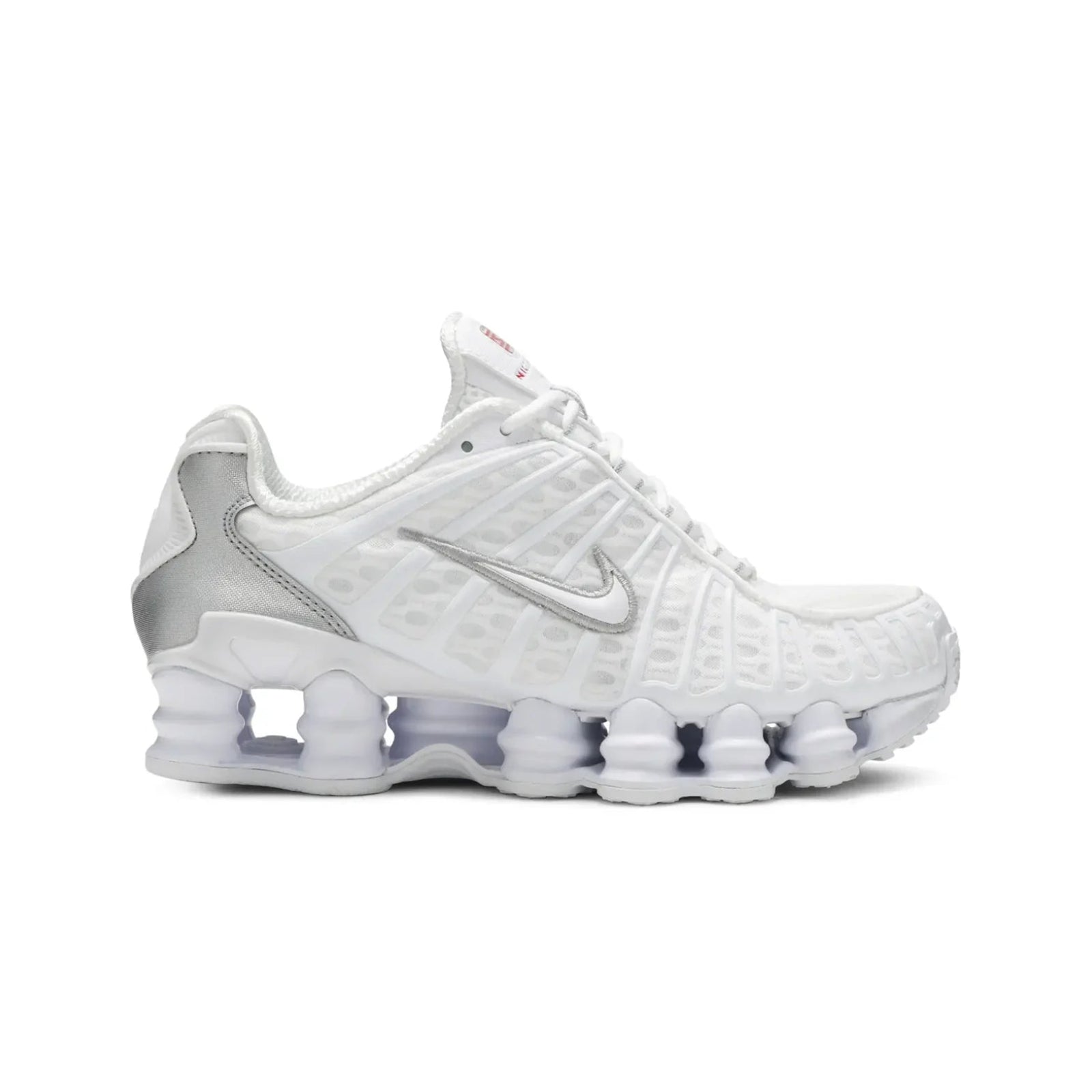 White sneaker with a prominent Nike logo on a white background