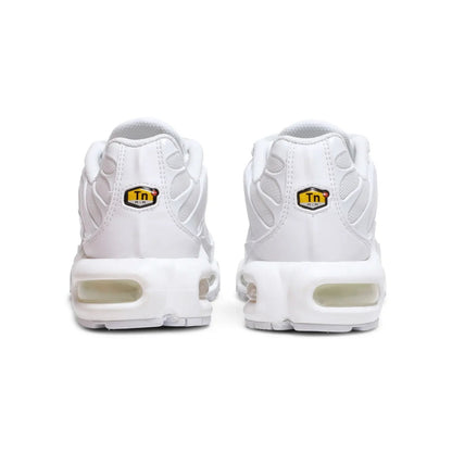 White sneakers with brand logos on a white background