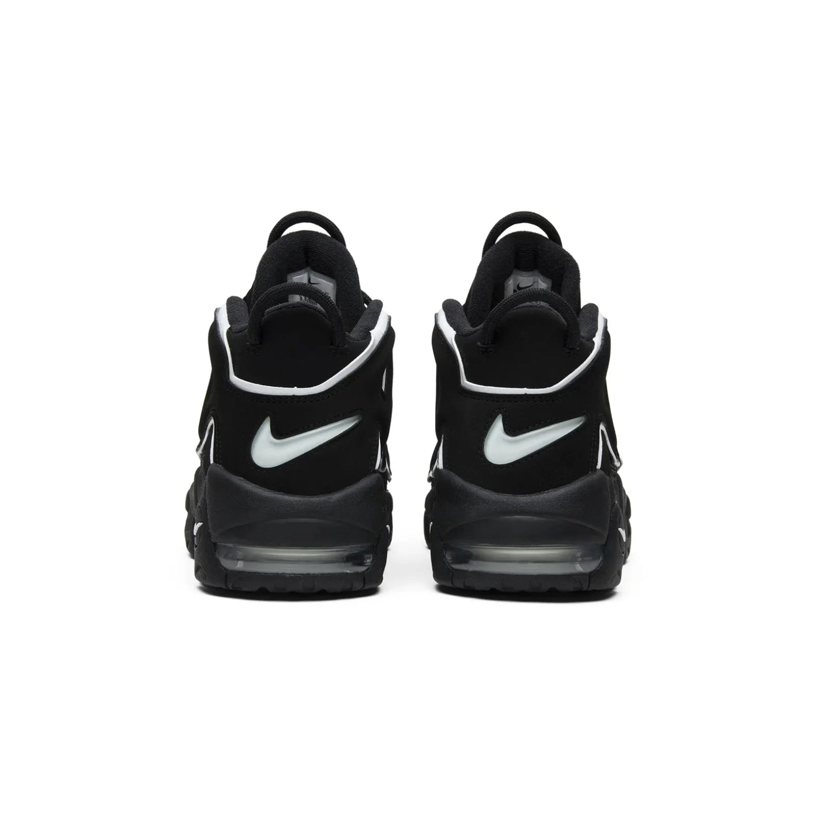 Black sneakers with white Nike logos on a white background