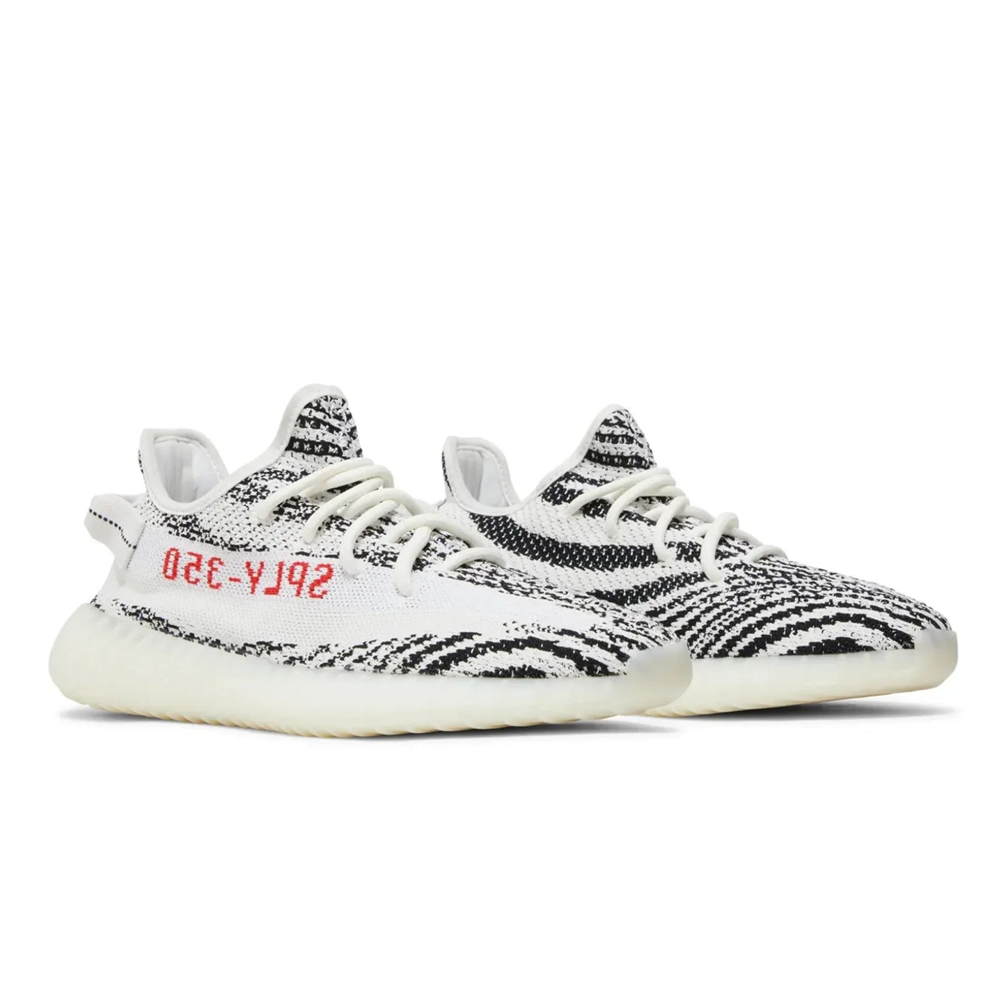 Black and white sneakers with red text on a white background